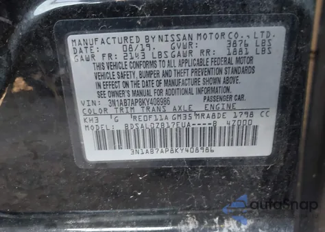 2019 Nissan Sentra S z USA, uszkodzony, nr VIN 3N1AB7AP8KY408986